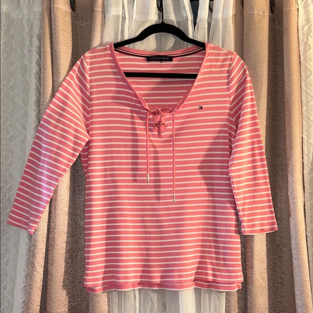 Tommy Hilfiger Size L 3/4 Sleeve Pink Ribbed Striped Top